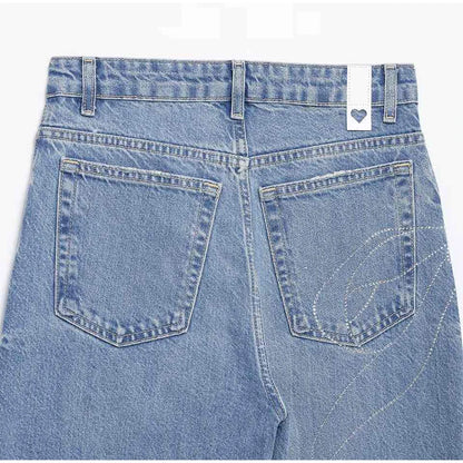 2025 Women Diamonds Denim Jeans Solid Loose Straight Long Pants Woman Casual High Waisted Pockets Streetwear Baggy Trousers