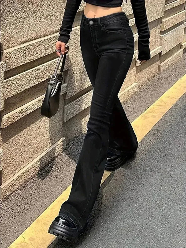 Women High Waist Flare Jeans Lady Fashion Comfortable Bootcut Denim Pants Female Slim Fit Bell Bottoms Retro Blue Nice Trousers