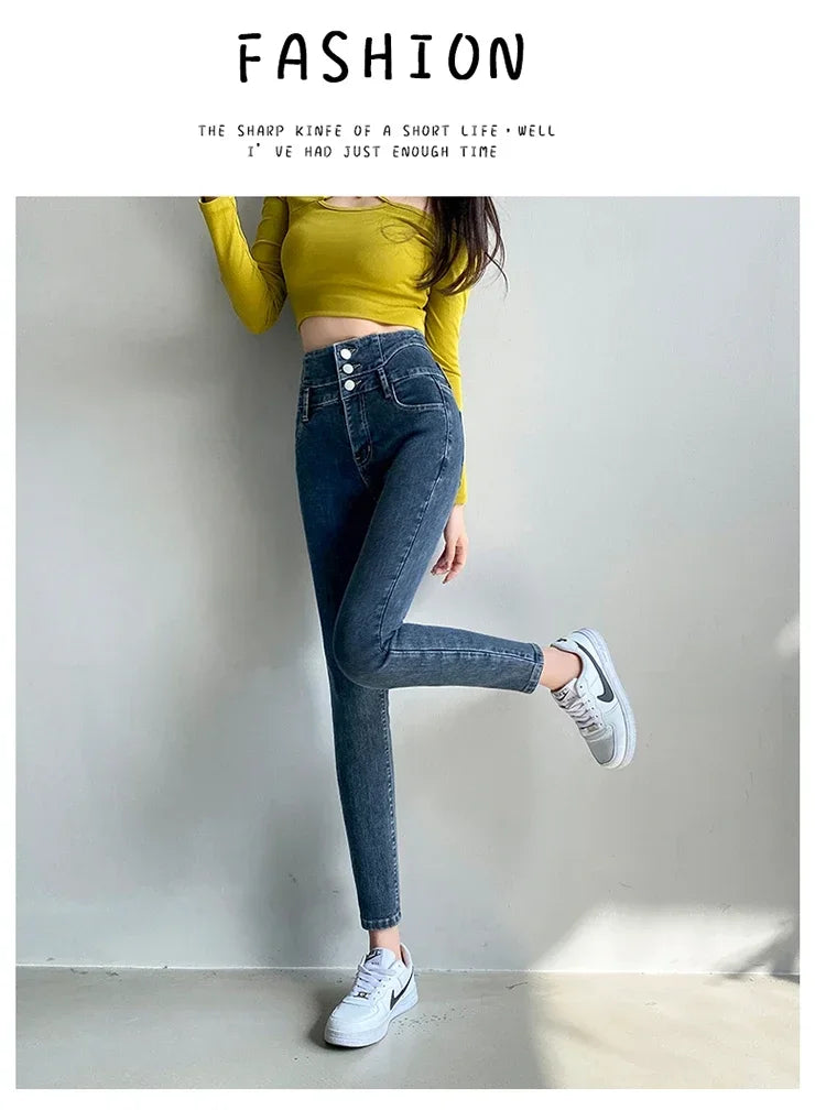 New Women's High Waist Stretch Jeans Blue Black Gray Fashionable and Versatile Multi-button Popular Slim Denim Long Pants Female