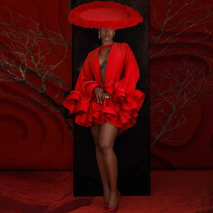 Chic Red Short Dress Women Formal Occasion Dresses Custom Made Deep V Neck Oversize Mini Wedding Guest Dress Party Night Gown