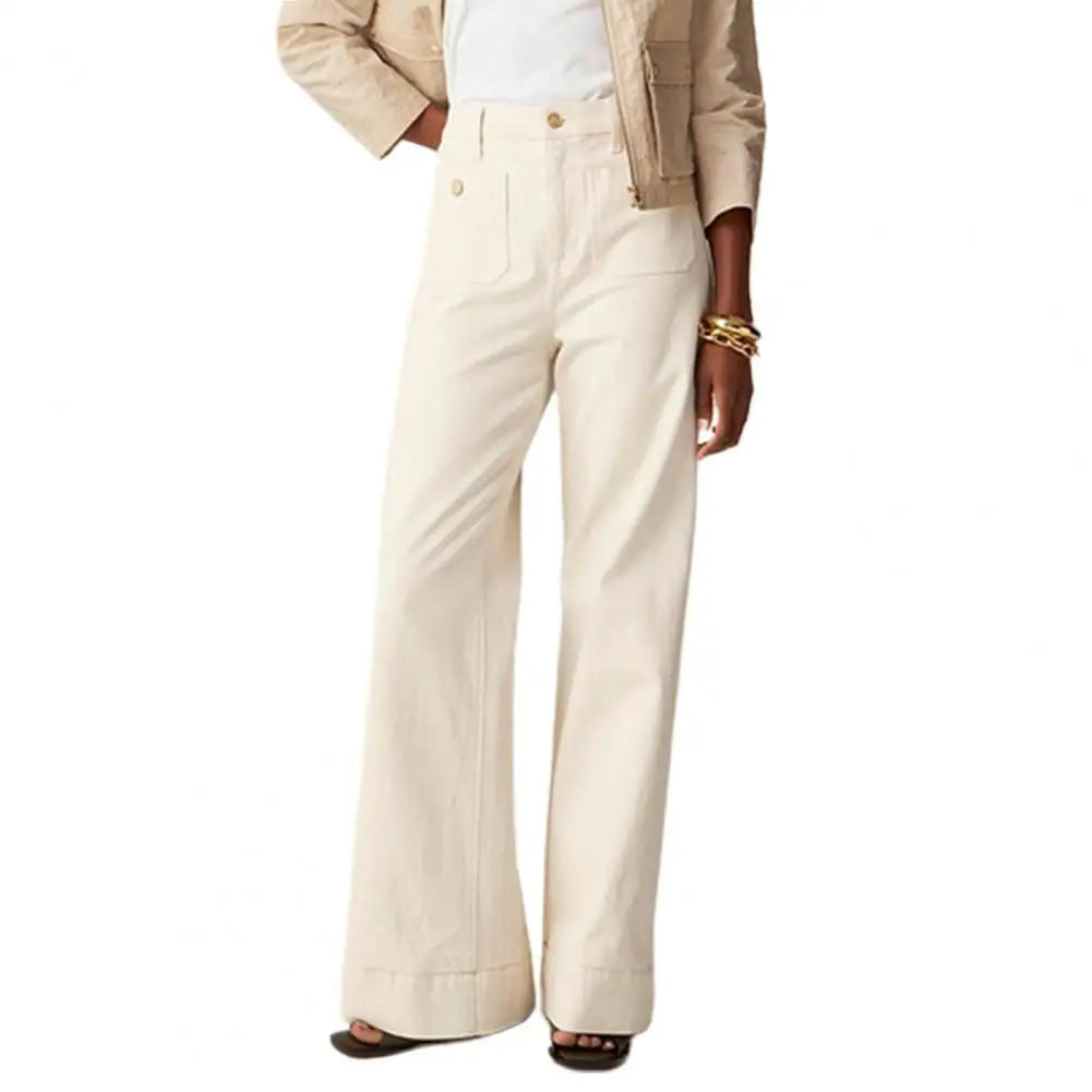 2025 Women Winter Jeans High Waist Button Zipper Loose Fit Pockets Straight Wide Leg Streetwear Pants Daily Wear Long Trousers