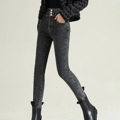 New Women's High Waist Stretch Jeans Blue Black Gray Fashionable and Versatile Multi-button Popular Slim Denim Long Pants Female