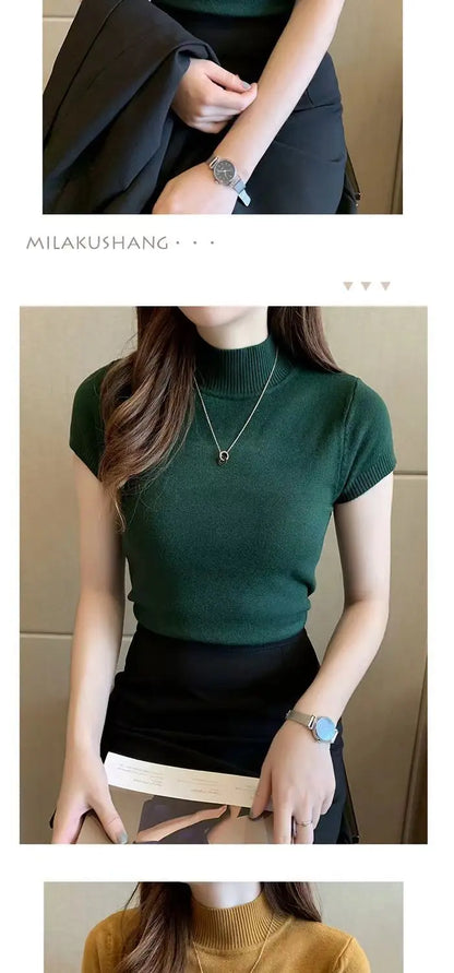 Womens Tops And Blouses Summer Short Sleeve Blouse Women Blusas Mujer De Moda 2023 Turtleneck Knitted Blouse Shirt Tops