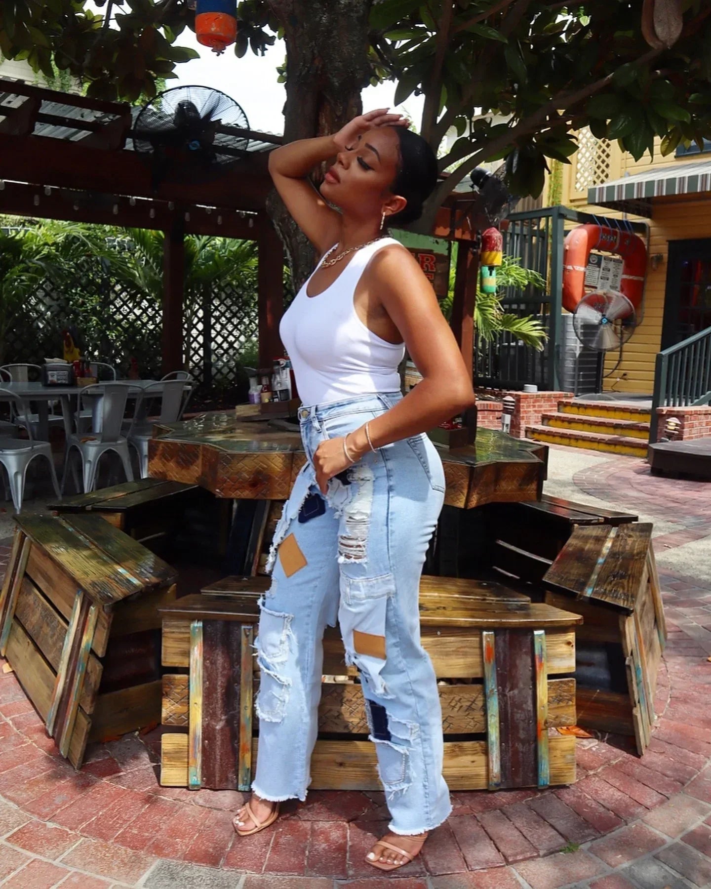 Women Streetwear Cargo Straight Denim Pocket Patchwork Wide Leg Jeans Pants Fall Fashion Ripped Out Party Trousers