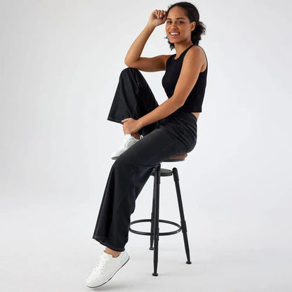 Women Jeans With Pockets Elastic High Waist Solid Color Full Length Pants Straight Wide Leg Trousers Sweatpant Daily Commuting