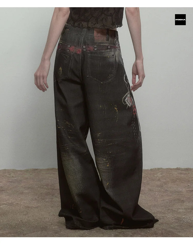 High Quality Hot Selling Wholesale 2025 New Virtual Digital Printed Retro Fashionable Personalized Wide Leg Jeans Pants Women