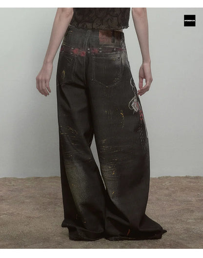 High Quality Hot Selling Wholesale 2025 New Virtual Digital Printed Retro Fashionable Personalized Wide Leg Jeans Pants Women
