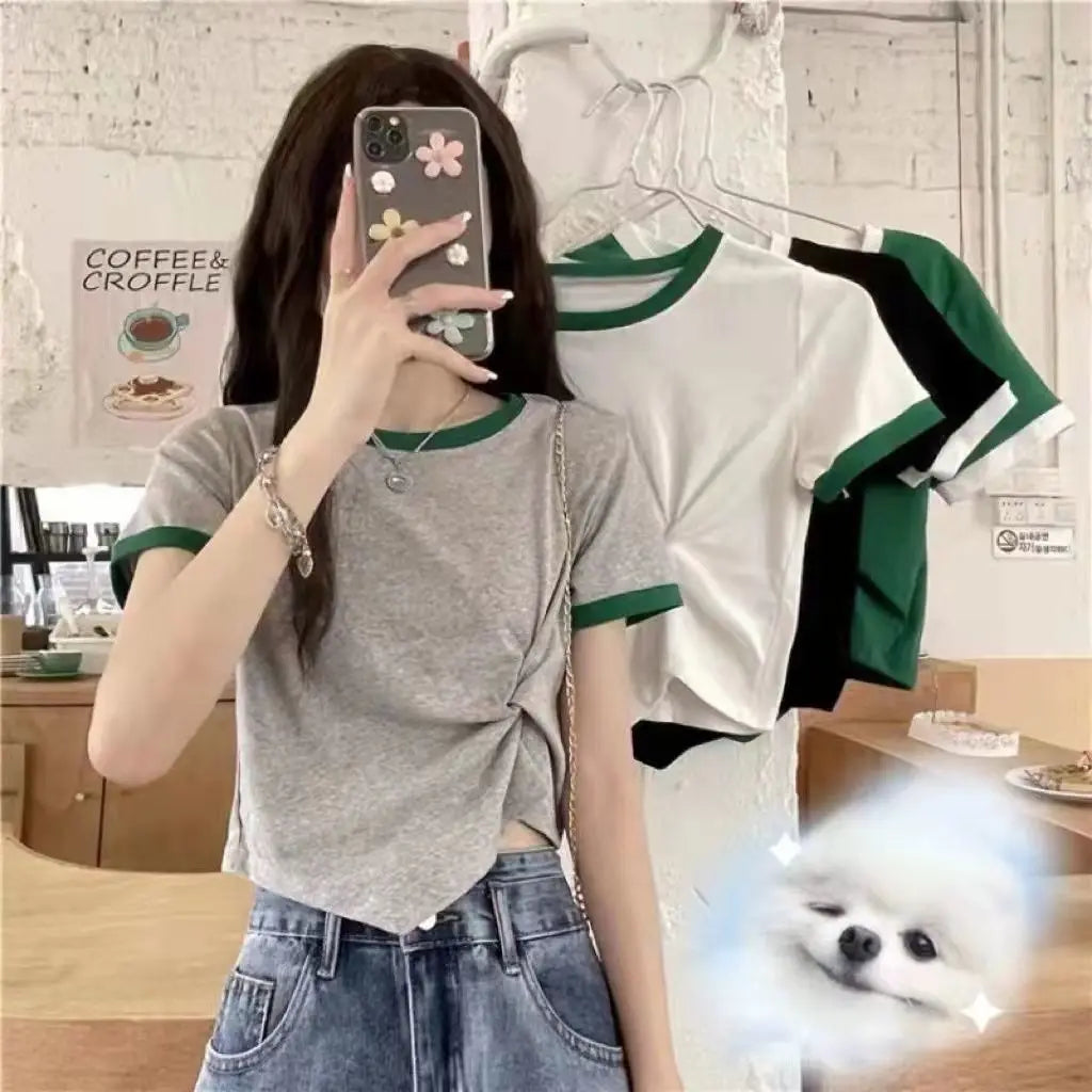 Women's Tops Trendy French Niche Girls T-shirts Chic Irregular Splicing Contrasting Colors Korean Style Modification Ins Style