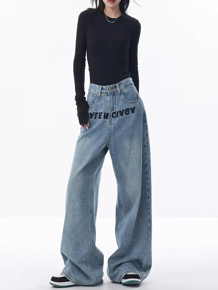 2024 New Blue Jeans Women Embroidered Design Sense Loose Wide Leg Pants Casual Street Style Pants