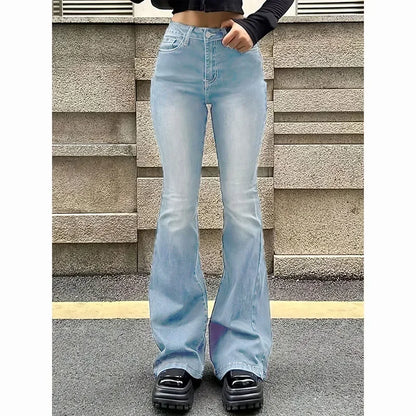 Women High Waist Flare Jeans Lady Fashion Comfortable Bootcut Denim Pants Female Slim Fit Bell Bottoms Retro Blue Nice Trousers
