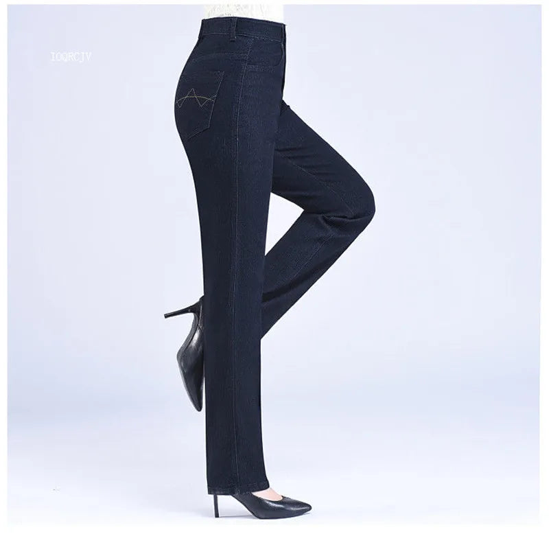 Middle-aged Women's Jeans Spring Autumn High Waist Solid Color Denim Pants Large Size Loose Female Straight Casual Cowboy Pants