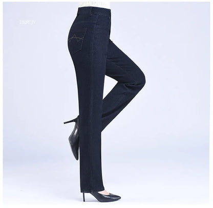 Middle-aged Women's Jeans Spring Autumn High Waist Solid Color Denim Pants Large Size Loose Female Straight Casual Cowboy Pants