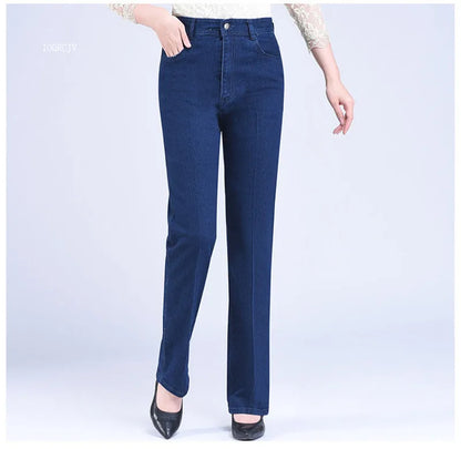 Middle-aged Women's Jeans Spring Autumn High Waist Solid Color Denim Pants Large Size Loose Female Straight Casual Cowboy Pants
