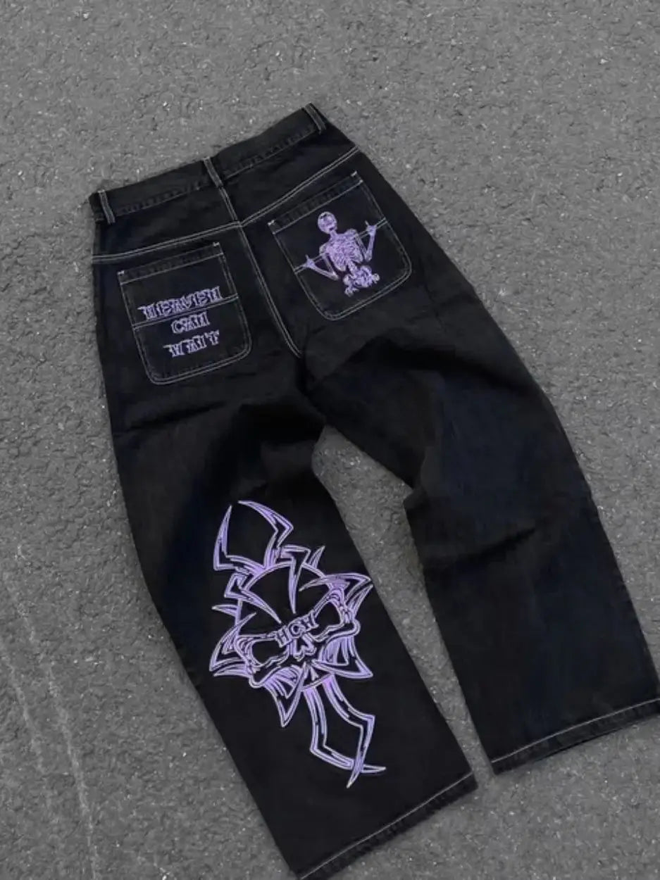 Street Fashion Trend Skull Embroidered Jeans Women Harajuku Y2K New Hip Hop Joker Straight Wide-leg Pants Couple Casual Jeans