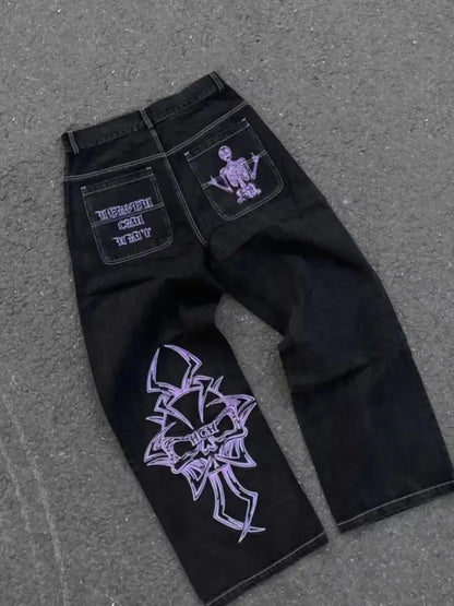 Street Fashion Trend Skull Embroidered Jeans Women Harajuku Y2K New Hip Hop Joker Straight Wide-leg Pants Couple Casual Jeans