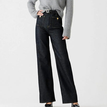 2025 Women Winter Jeans High Waist Button Zipper Loose Fit Pockets Straight Wide Leg Streetwear Pants Daily Wear Long Trousers