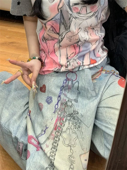 Women's Jeans American Retro Wide Fit Baggy Denim Pants Y2k Vibe Wide-legged Dragging Pants Trousers High Street Japanese New