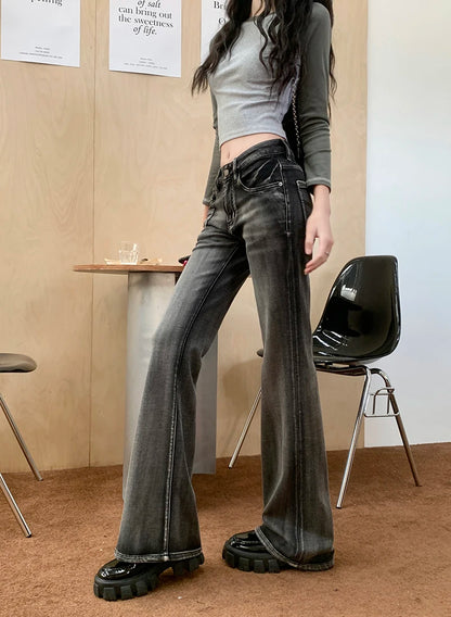 Women Gothic Y2k Flare Jeans Harajuku Baggy Denim Trousers 90s Aesthetic Low Waist Jean Pants Vintage 2000s Trashy Clothes 2024