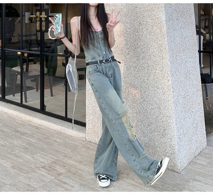 Women's Casual Denim Overalls Vintage Button Down Sexy Backless Holes Hollow Out Ripped Denim Full Pants Female 2024 New Jeans