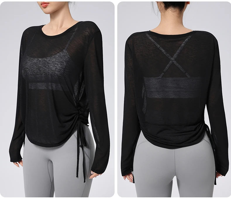 Thin Sunscreen Clothes Yoga Loose Top Drawstring Long Sleeve T-shirt Women's Gym Outdoor Exercise Clothing