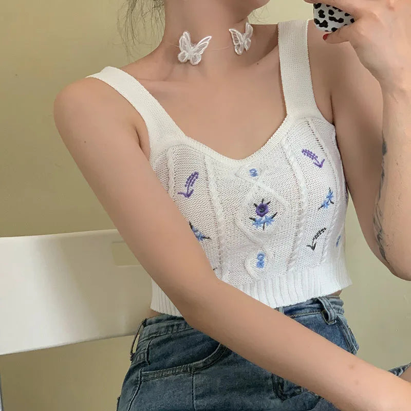 HELIAR Women Flower Embroidery Knitted Crop Tops Women Casual Tube Tops Casual Ribbed Cute Tops Crop Tops Women 2024 Summer