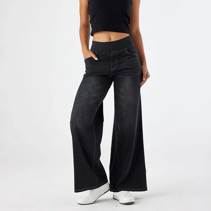 Women Jeans With Pockets Elastic High Waist Solid Color Full Length Pants Straight Wide Leg Trousers Sweatpant Daily Commuting
