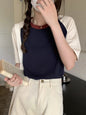 Summer Tops for Women Tshirt Turn Down Collar Short Sleeve Beige Blue Chic Y2k Fashion Patchwork 2026 T Shirts