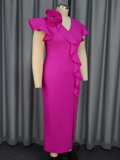 Stylish Plus Size Dresses with Ruffles Front V Neck and Thigh High Slit Perfect for Evening Events Cocktail Parties and Weddings