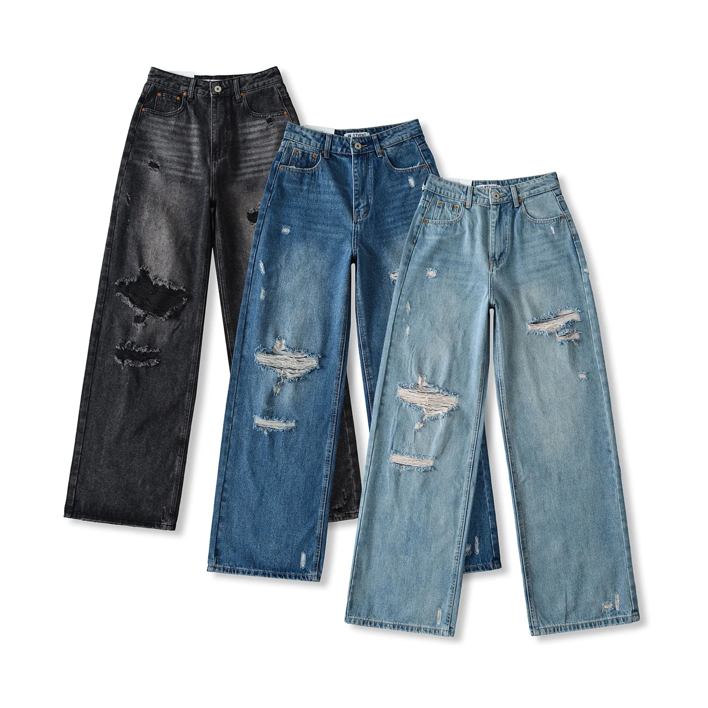 Women's Destroyed Jeans 2025 Spring Summer High Waist Loose Leg Floor-Length Distressed Denim Vintage Daily Staple