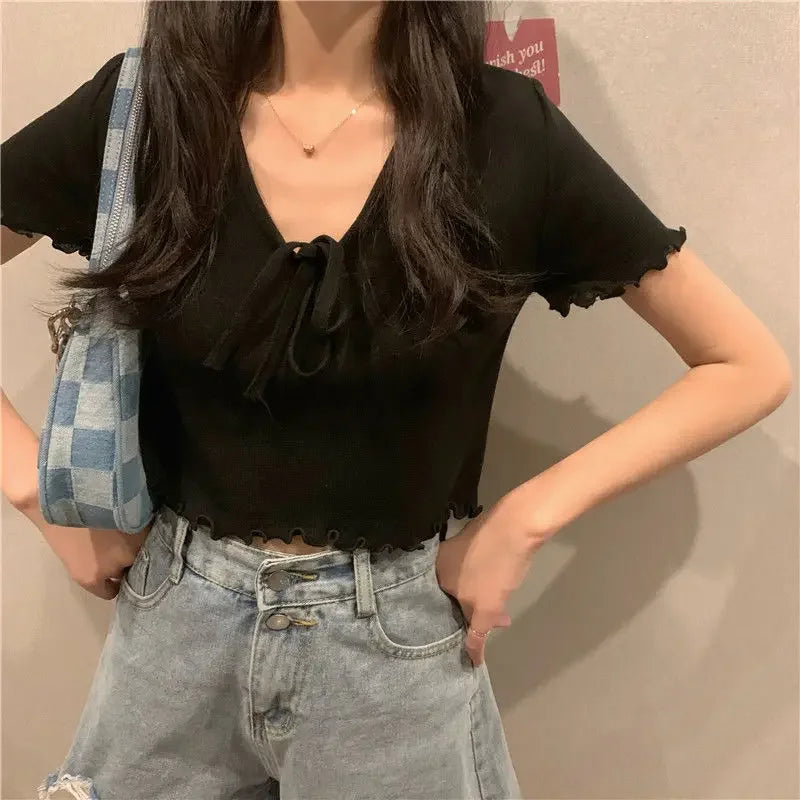 Tops Woman Short Sleeve T Shirt for Women V Neck New in Knitwears Plain Sexy Crop Korean Fashion Reviews Clothes Many Polyester