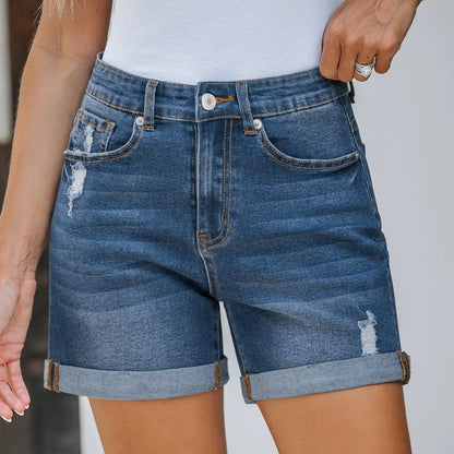 Shorts Jeans Women Streetwear Denims Straight Button Jeans Pockets Spliced Solid High Waist Lady Elegant Short Pants Skinny
