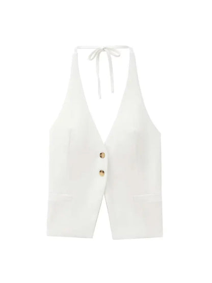 Front Button Tank Tops for Women, Tied Halter Neck, Backless, Female Camis, Sexy Fashion