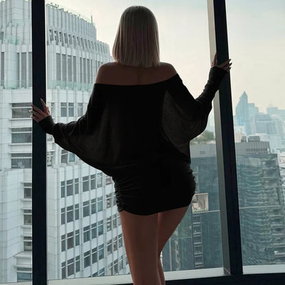 Fashion Off Shoulder Sheer Mini Dress Outfits For Women Hot Sexy Long Sleeve Ruched Party Dresses Bodycon Solid Color Robe Femme