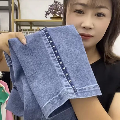 Fashion Women Jeans 2025 New Spring Autumn Korean Wild Elastic Waist Straight Denim Pants Female Trousers Female