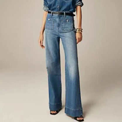 2025 Women Winter Jeans High Waist Button Zipper Loose Fit Pockets Straight Wide Leg Streetwear Pants Daily Wear Long Trousers