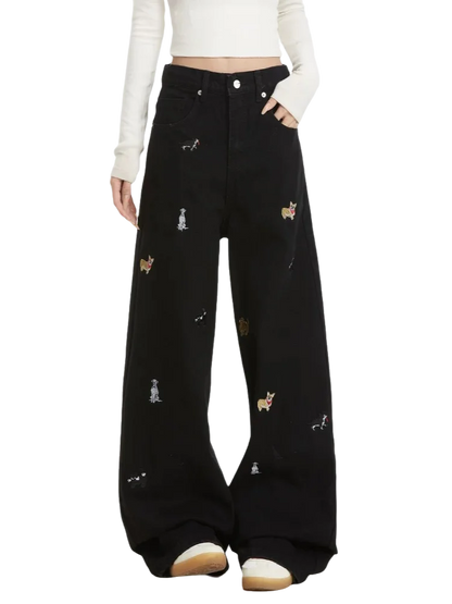 Women's Embroidered Basic Denim Women Jeans American Retro Chic Straight Leg Slim Vintage Woman Jeans Casual Simple Pants Female