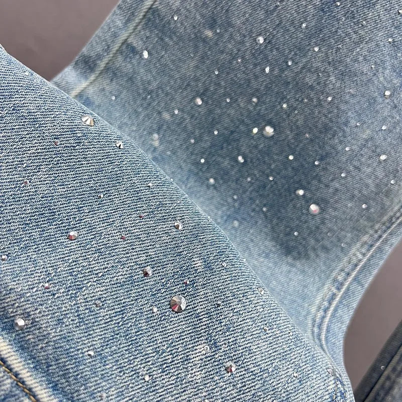 Fashion Women Blue Jeans High Waist Diamond Studded Straight Denim Pants Spring Summer Female Chic Trousers