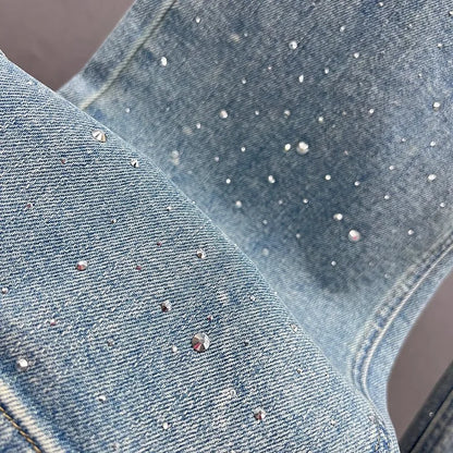 Fashion Women Blue Jeans High Waist Diamond Studded Straight Denim Pants Spring Summer Female Chic Trousers