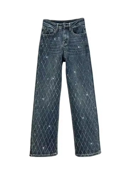 Fashion Women's Jeans High Waist One Side Plaid Shape Diamonds Wide Leg Denim Pants 2025 New Classic Straight Trousers