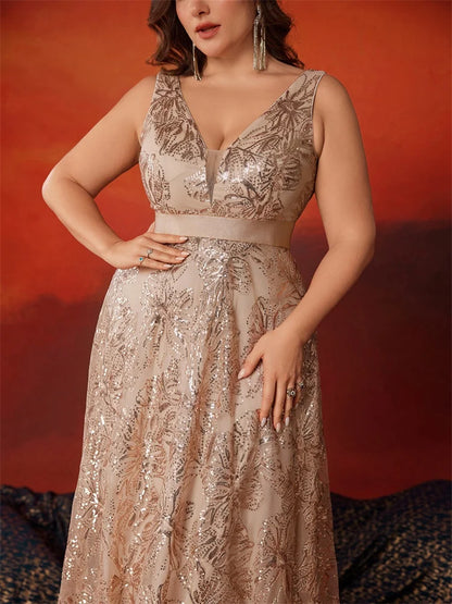 Plus Size Luxury Deep V-Neck Sequins Blue Evening Dress Women Elegant V-back Wedding Party Long Prom Cocktail Dresses