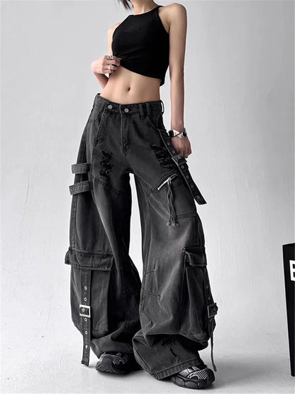 Women Vintage Black Gothic Cargo Jeans Streetwear Multi Pocket Retro Denim Pants 2025 Autumn High Street Wide Leg Trousers