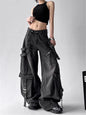 Women Vintage Black Gothic Cargo Jeans Streetwear Multi Pocket Retro Denim Pants 2025 Autumn High Street Wide Leg Trousers