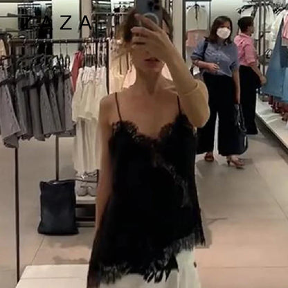 Summer Women Halter Top Satin Lace Spliced Tank Backless Deep Neck Sexy Vest Irregular Hem Vestidos 2025 Lady Vacation Sexy Tops