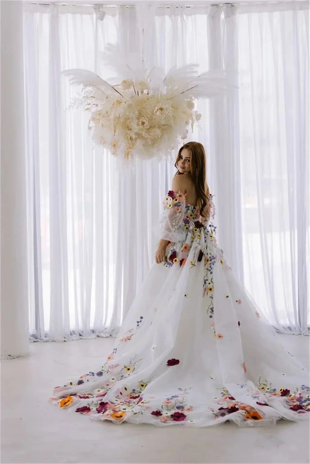 3d Flowers Puff Sleeves Bridal Dress Embroidery Floral Tulle Prom Dresses Wedding Party Dresses Vestidos De Noche