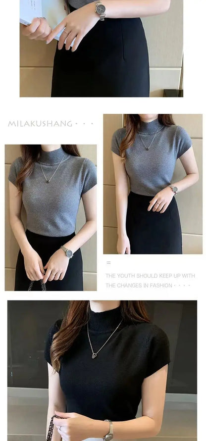 Womens Tops And Blouses Summer Short Sleeve Blouse Women Blusas Mujer De Moda 2023 Turtleneck Knitted Blouse Shirt Tops