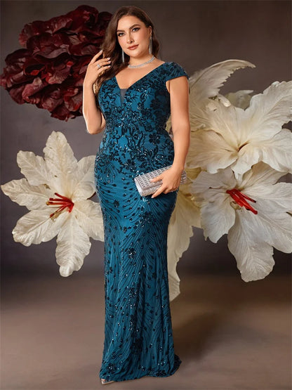Plus Size Elegant Blue Evening Dress For Women 2024 Luxury Long Mermaid Formal Sequins V-neck Prom Wedding Party Gown