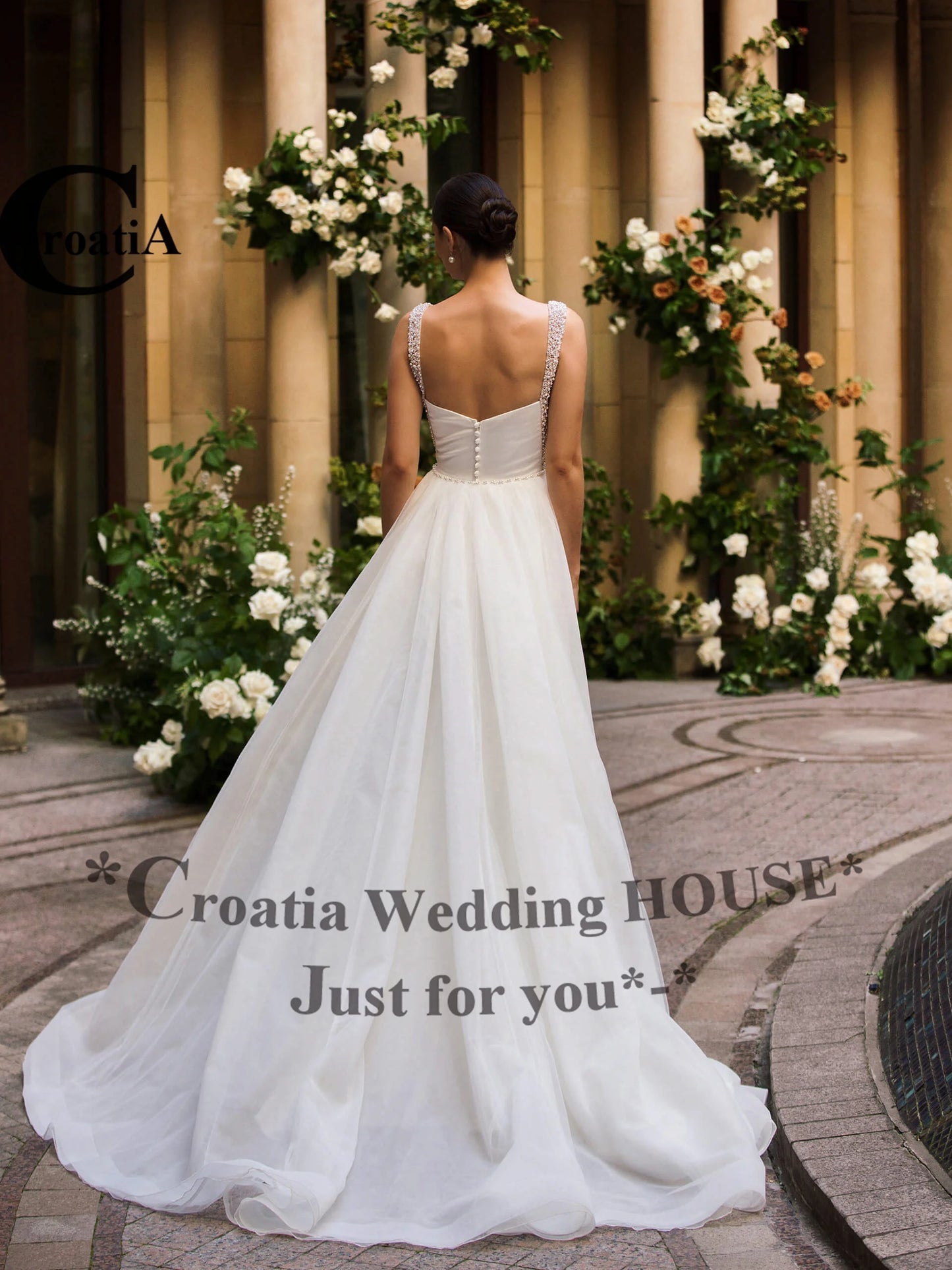 Croatia Charming Satin Wedding Dresses with Slit for Women Beadings A-Line Goddess Bride Vestidos De Novia Plus Customized