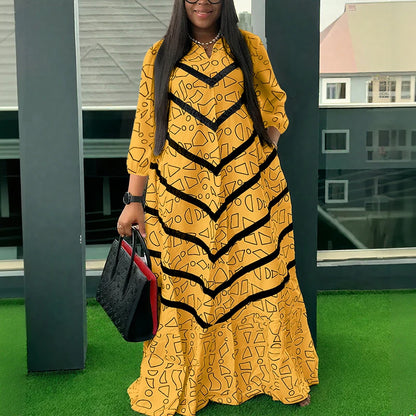 VONDA Plus Size Ruffled Women Bohemian Vestidos Autumn Long Maxi Robe Print Party Elegant 3/4 Sleeve Casual Loose Dress 5XL