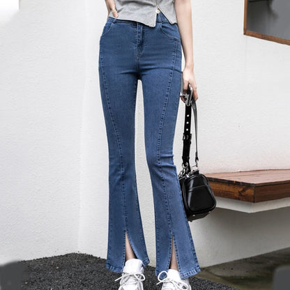 Women Fashion Split Micro Flared Jeans Korean Skinny High Waist Slim Denim Pants Simple Versatile Solid Stretchy Jean Trousers