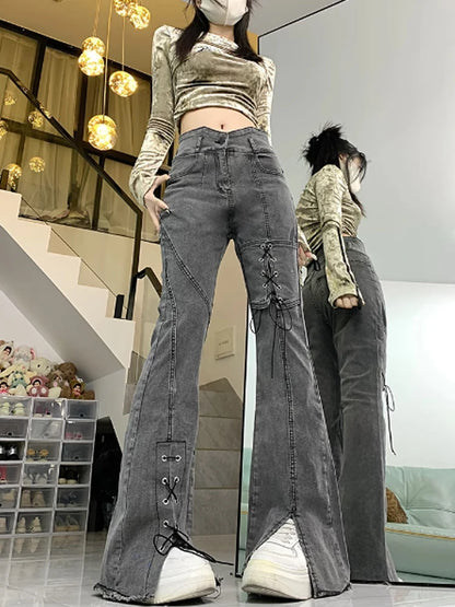 Women's Y2k Flare Jeans Baggy Trashy Aesthetic Lace-up Denim Trousers Harajuku Jean Pants Vintage Japanese 2000s Style Clothes